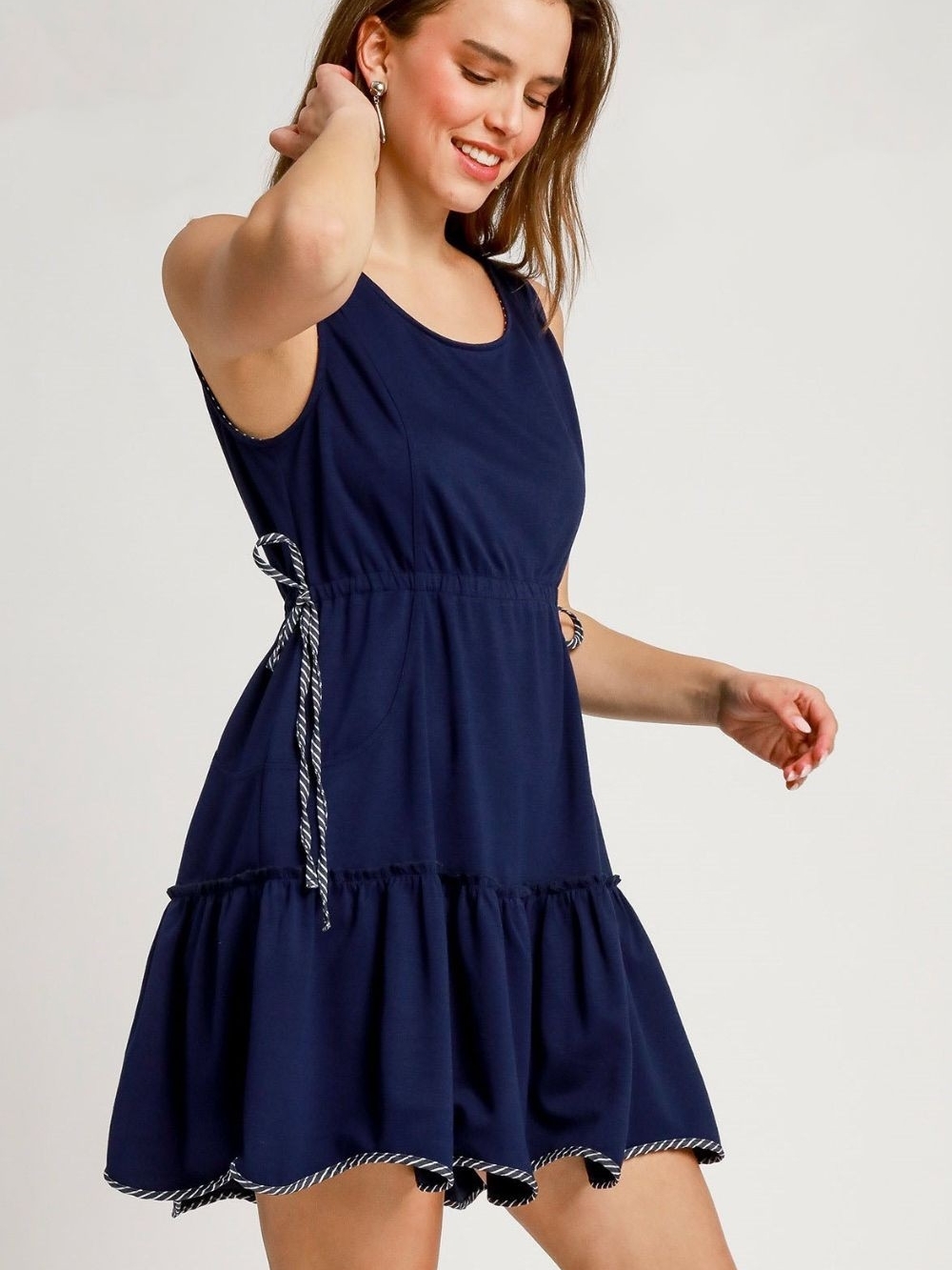 Umgee Riched Side Tie Sleeveless Navy Tie-Waist Tiered Dress